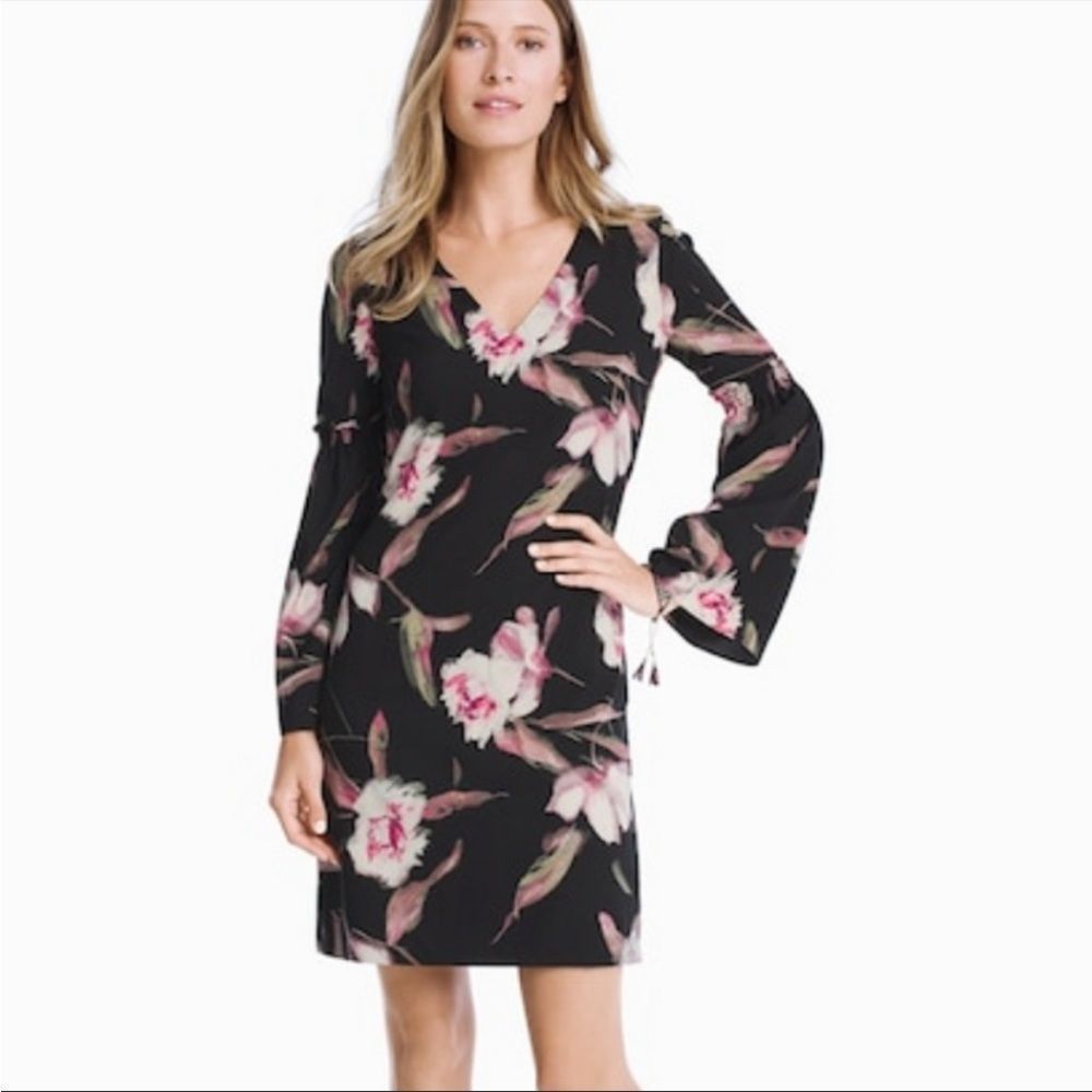 White House Black Market Long Bell Sleeve Rose Floral Shift Dress 00